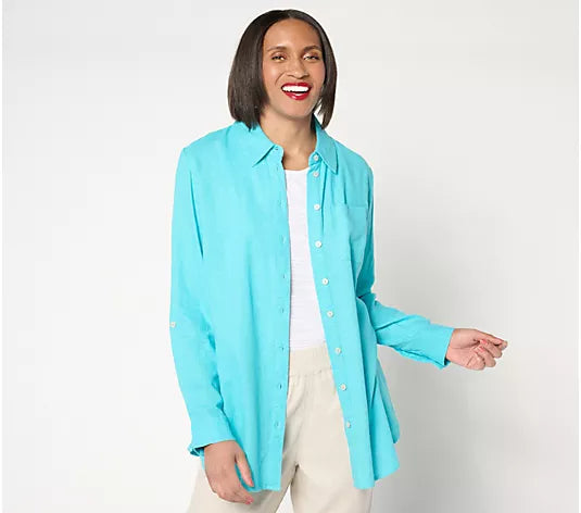 SMALL AQUA A643833 Denim & Co. Naturals Linen Blend Regular Button-Front Tunic