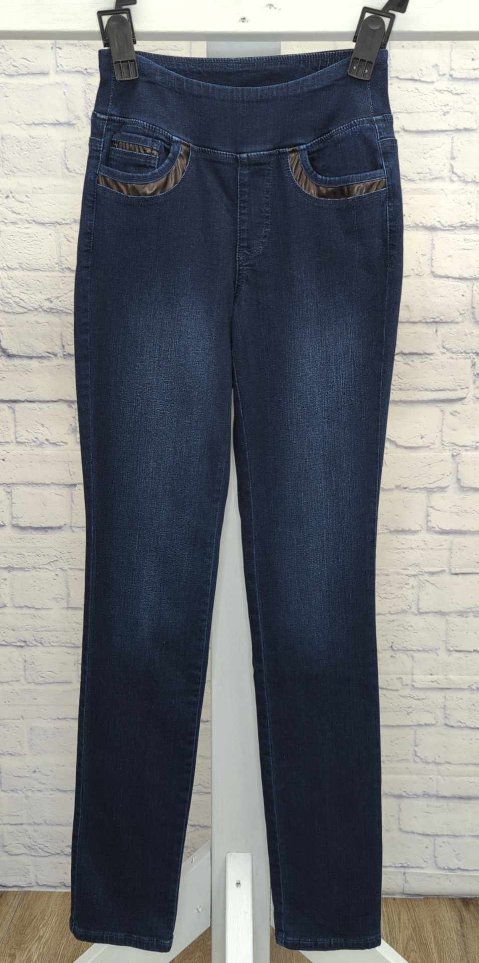 0 (XXSMALL) TALL DK INDIGO A624941 Belle by Kim Gravel TripleLuxe Tall Faux Leather Trim Jean