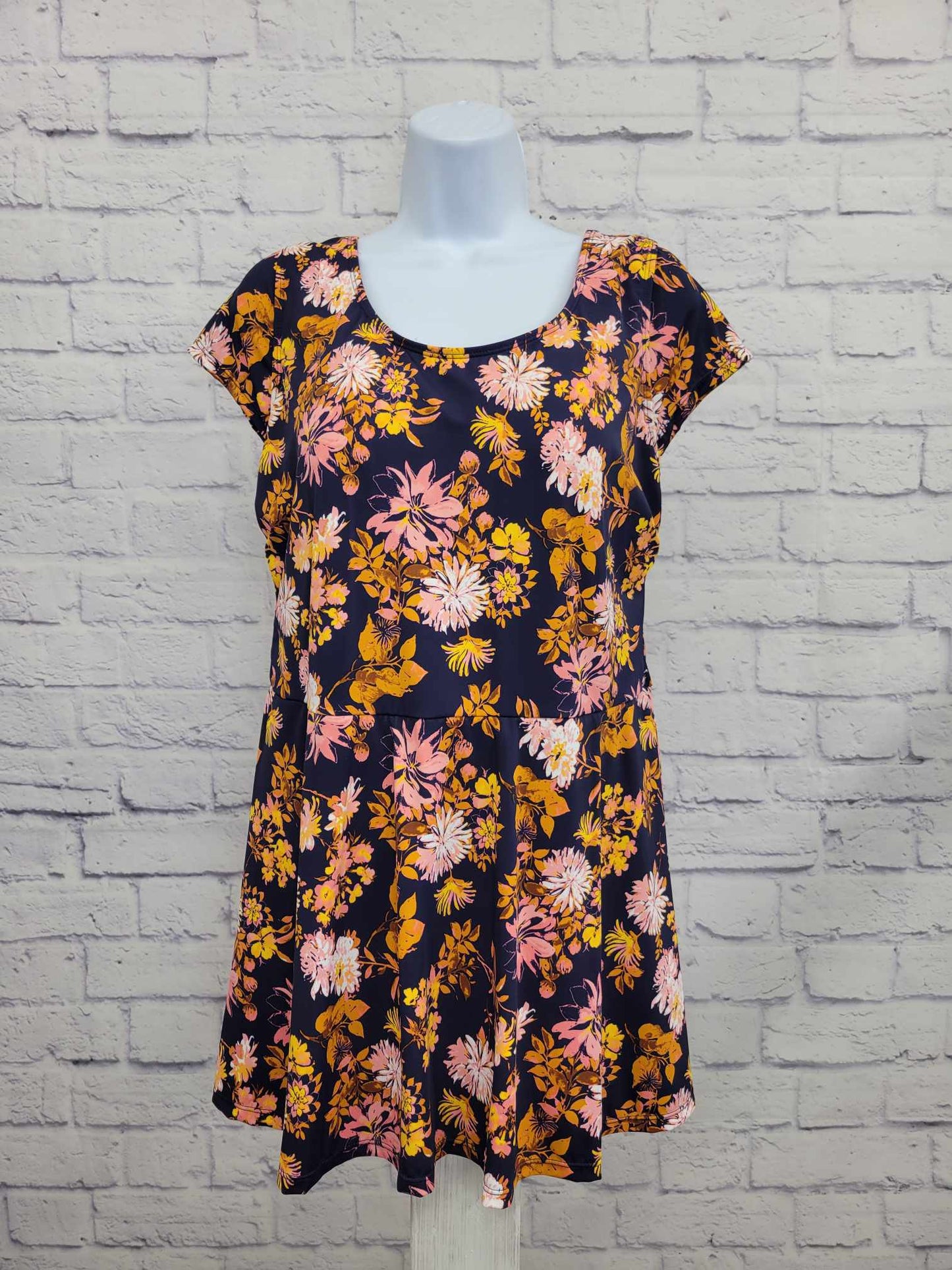 12R NAVY A375184 Denim & Co. Beach Scoop Neck Cap Sleeve Swim Dress