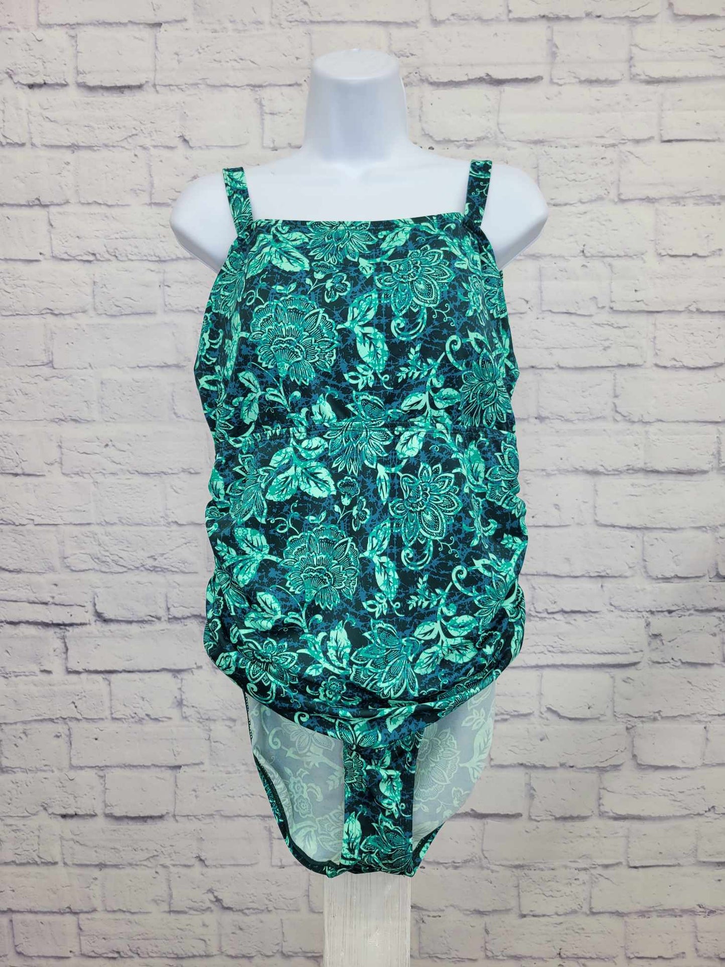 10R GREEN A392812 Denim & Co. Beach Square Neck One-Piece