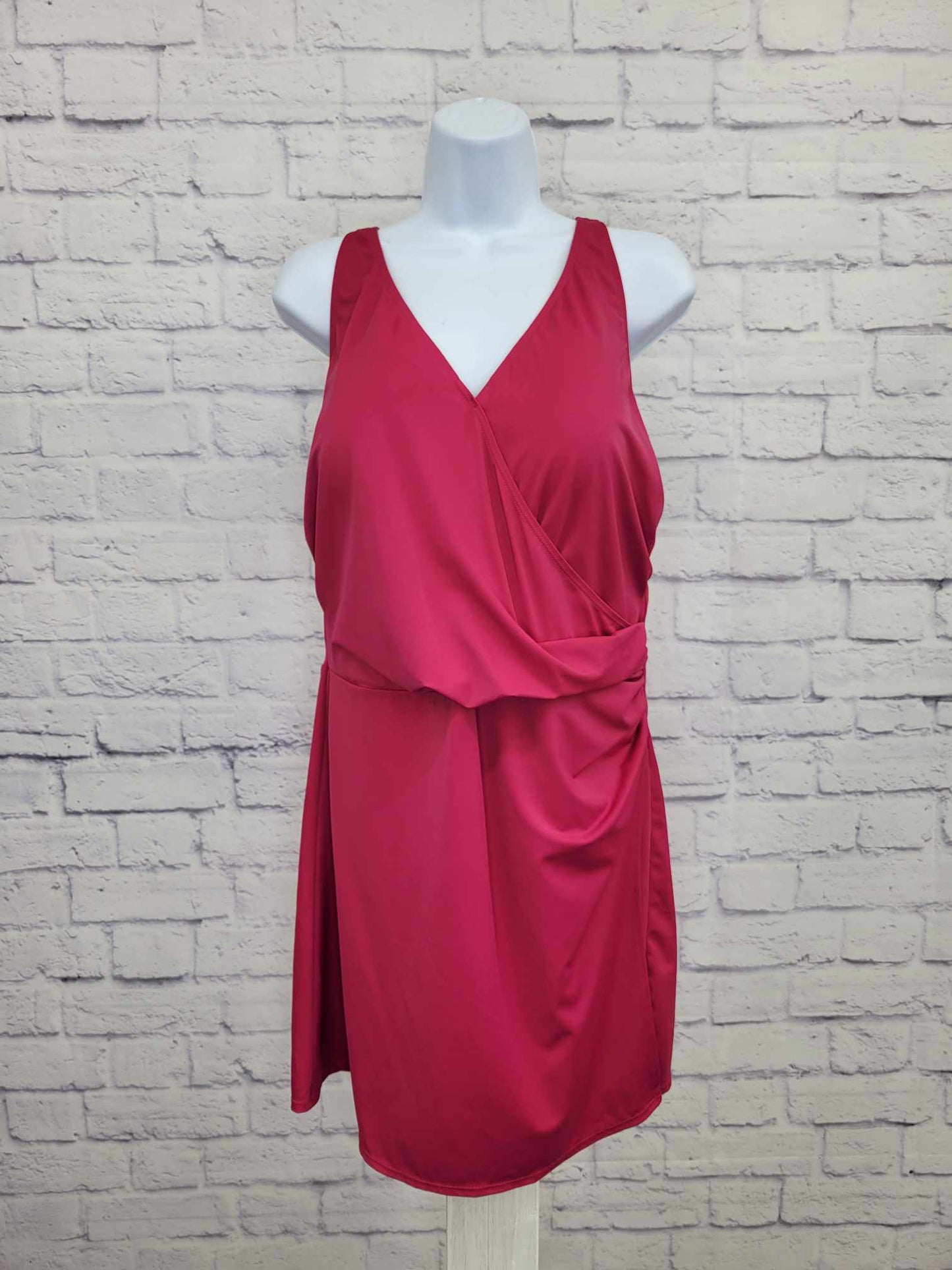 16R MAGENTA A468465 Denim & Co. Beach V-Neck Wrap Front Swim Dress