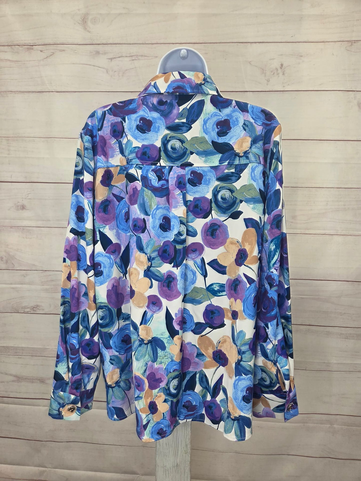 MEDIUM BLUE A706753 Susan Graver Printed Stretch Peachskin Button-Front Shirt
