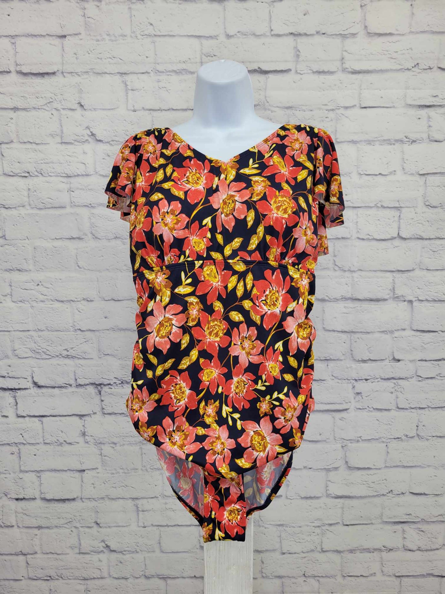 14 NAVY FLORAL A473543 Denim & Co. Beach V-Neck Ruffle Sleeve One-Piece Swimsuit