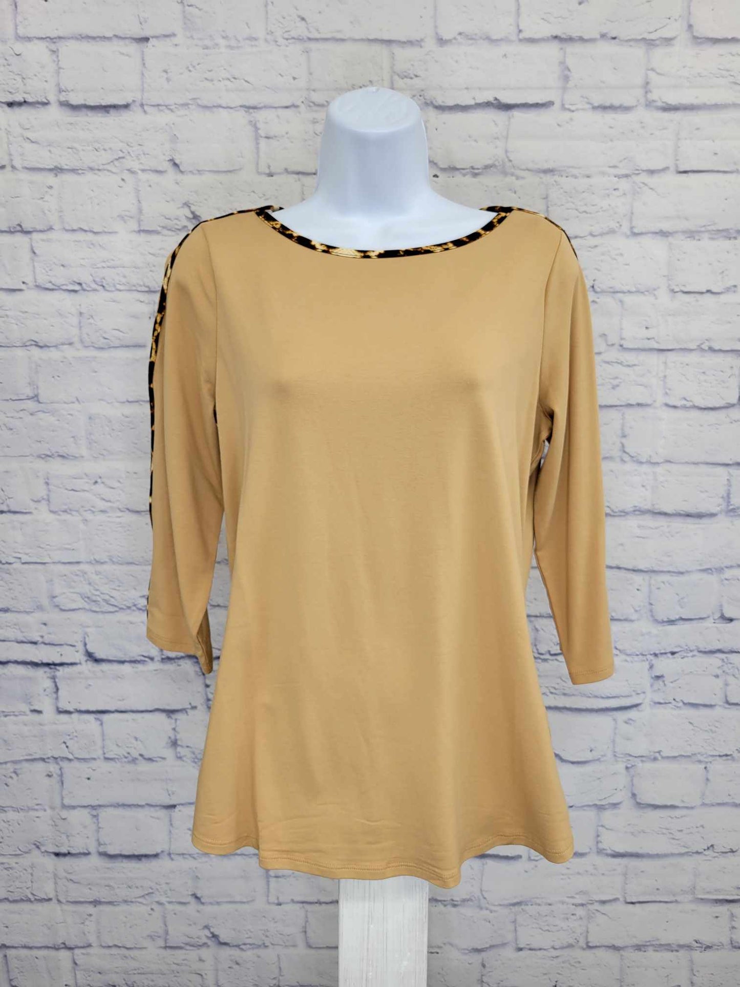 XXSMALL CAMEL A386460 Belle by Kim Gravel TripleLuxe Knit Animal Prnt Trimmed Top