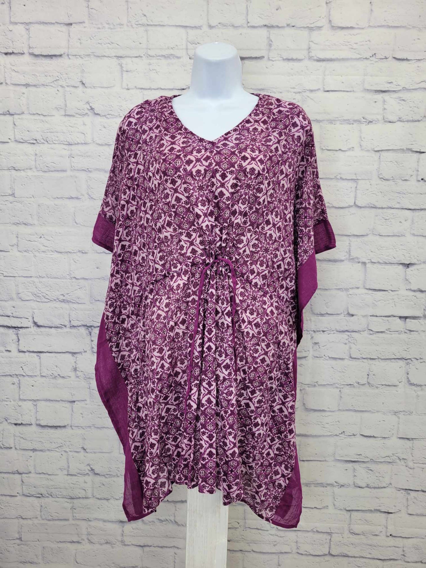 XSMALL PLUM A392629 Denim & Co. Beach Printed Caftan Cover-Up with Cinched Waist