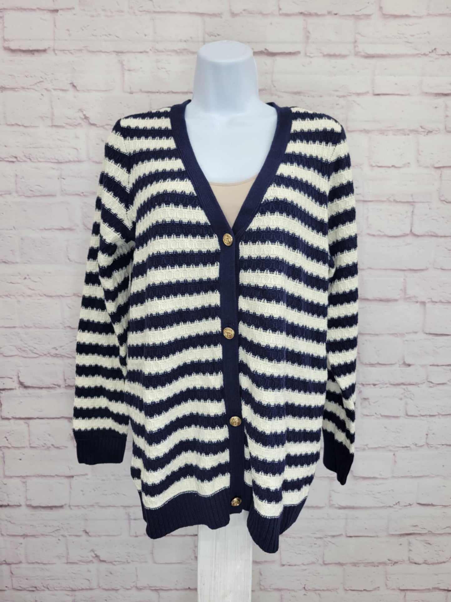 NAVY A632088 Joan Rivers Honeycomb Stripe Button-Front Cardigan (MULTIPLE SIZES AVAILABLE)
