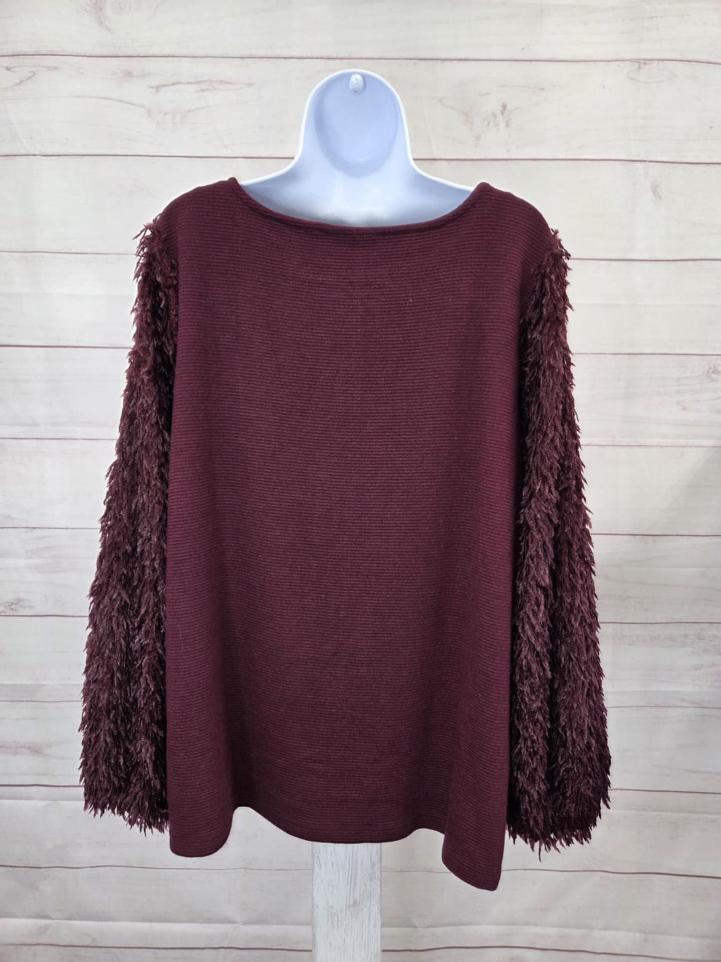 MEDIUM DEEP RAISIN A706716 Susan Graver Occasions Rib Knit Top w/ Embellished Sleeves