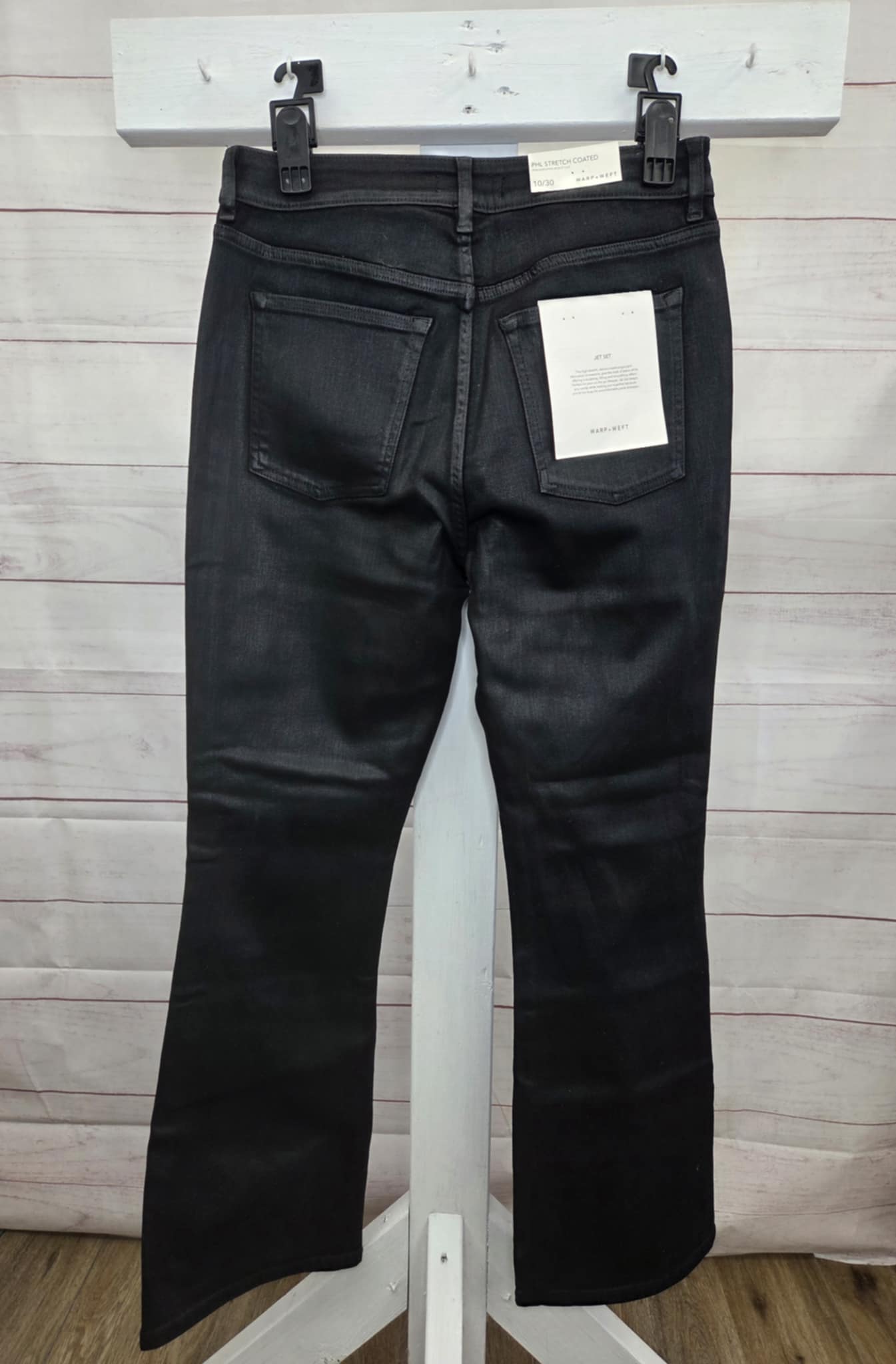 10R BLACK A702853 Warp & Weft PHL Jet-Set Stretch Coated Boot-cut Denim Jeans