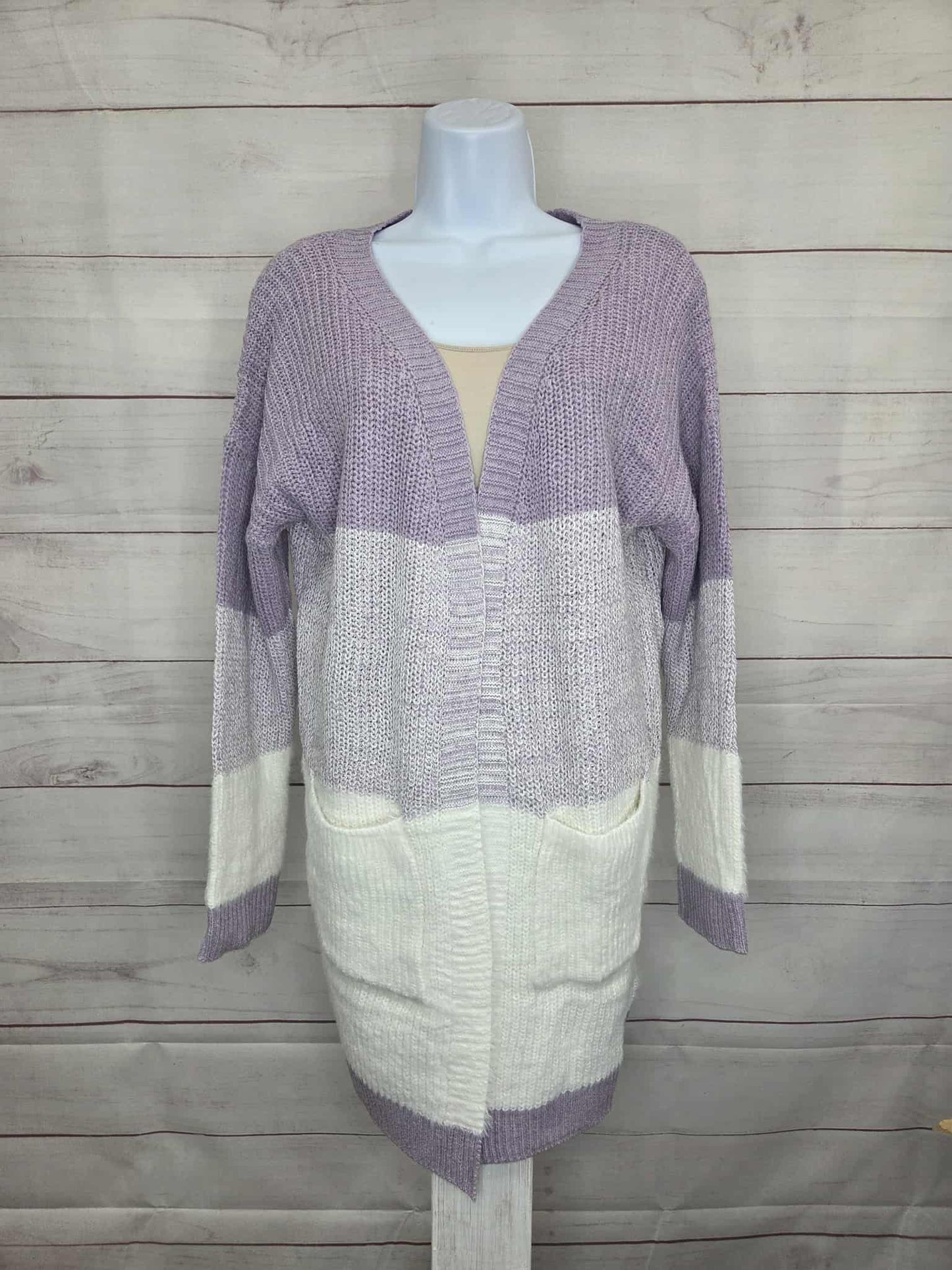 WOMEN'S LONG SLEEVE OPEN FRONT POCKETS COLORBLOCK CARDIGAN