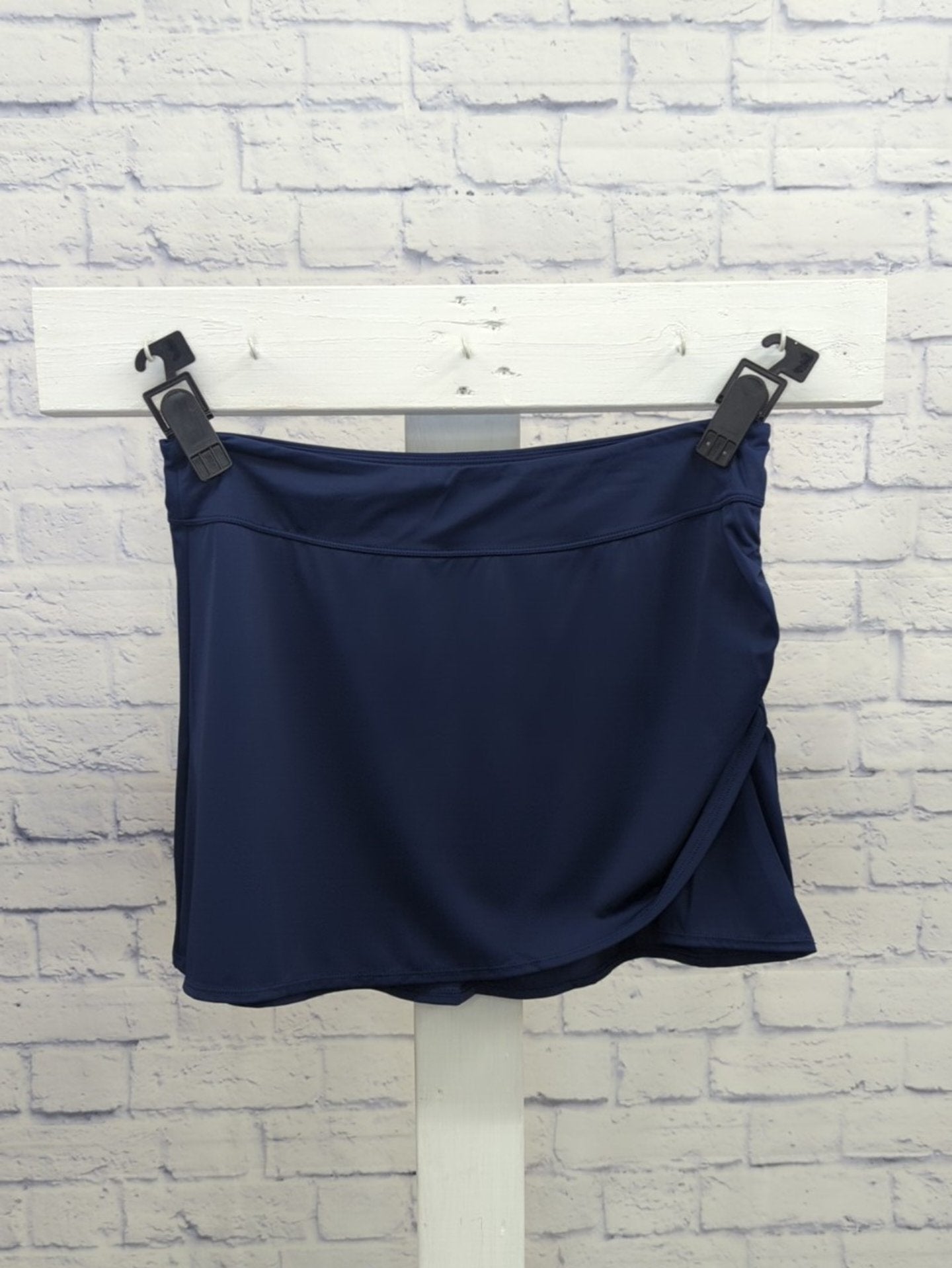 14R NAVY A473626 Denim & Co. Beach Pull-On Wrapped Swim Overskirt