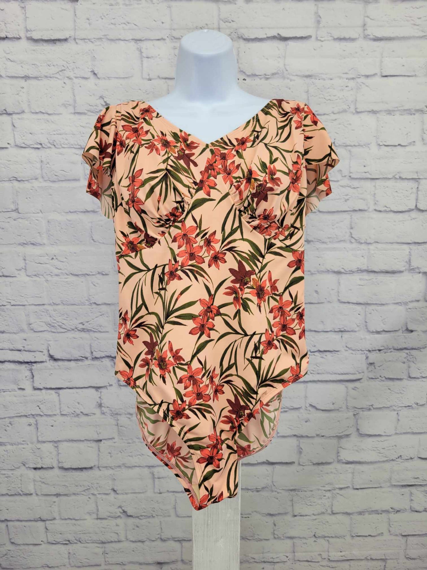 10R PEACH A392811 Denim & Co. Beach Draped Ruffle Sleece One-Piece