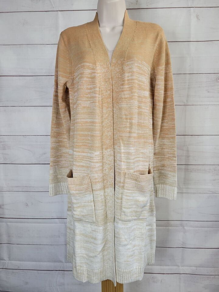 XSMALL CAMEL A523281 Denim & Co. Spacedye Open Front Long Sweater Cardigan