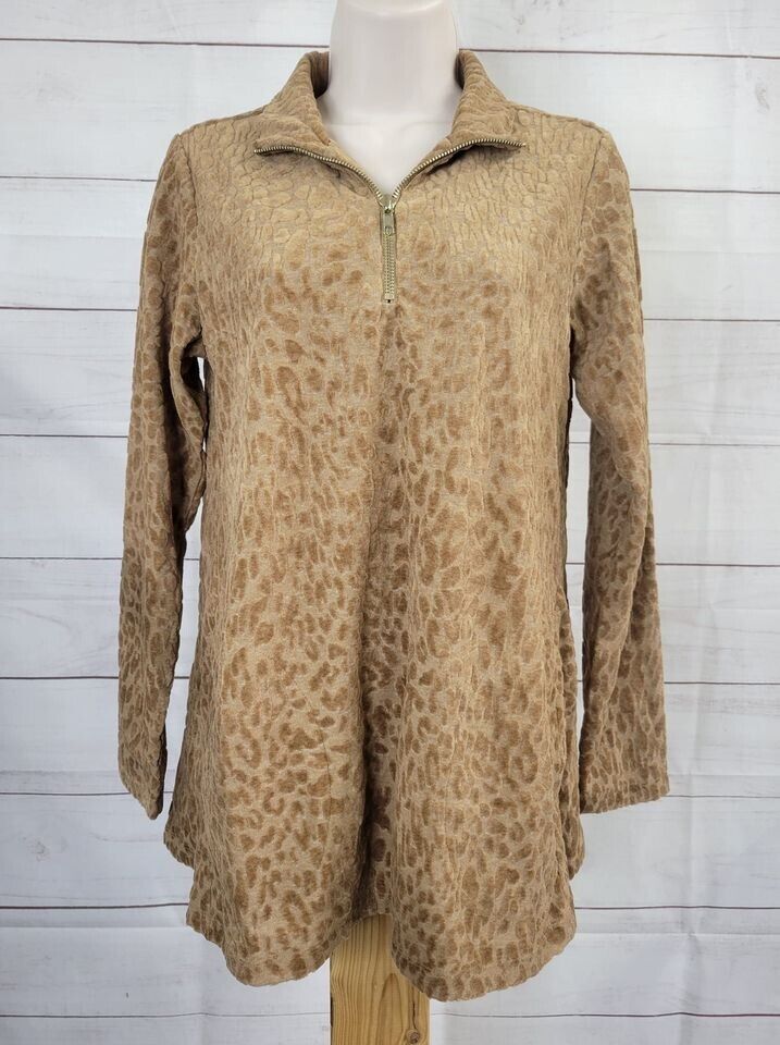 XSMALL TAUPE A387774 Susan Graver Weekend Burnout Jacquard Knit Half-Zip Top