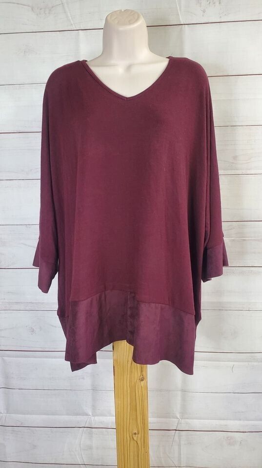 XSMALL WINE A390185 StyleList by Micaela Faux Suede Trim Poncho Style Knit Top