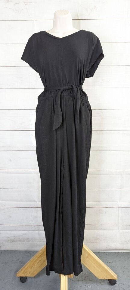 XSMALL BLK A391606 Cuddl Duds Crinkle Jersey V-Neck Jumpsuit w Tie Front Detail