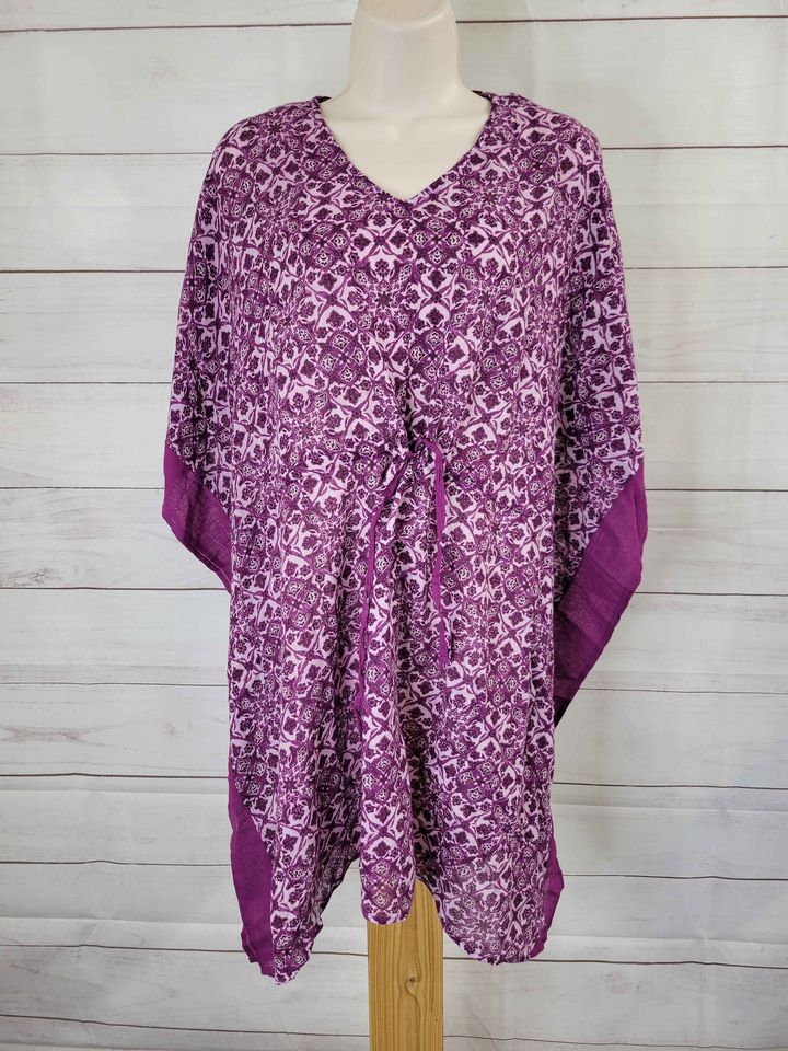 XSMALL PLUM A392629 Denim & Co. Beach Printed Caftan Cover-Up with Cinched Waist