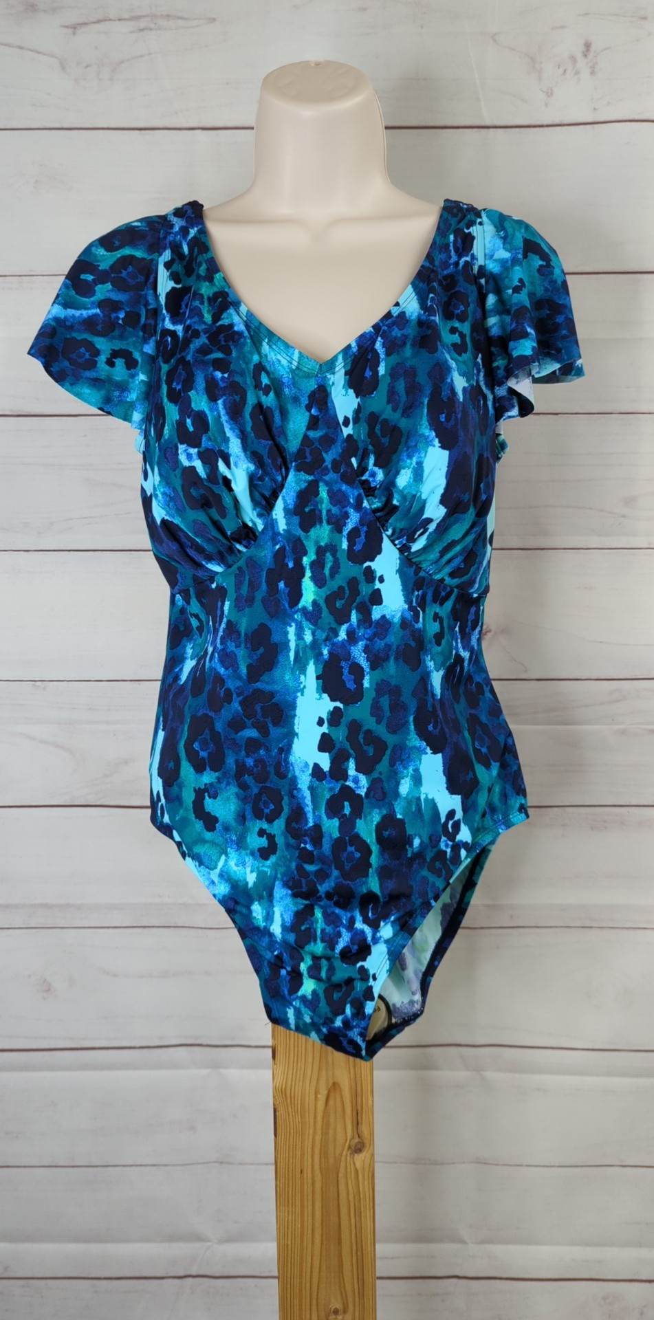 10R BLUE ANIMAL A392811 Denim & Co. Beach Draped Ruffle Sleeve One-Piece