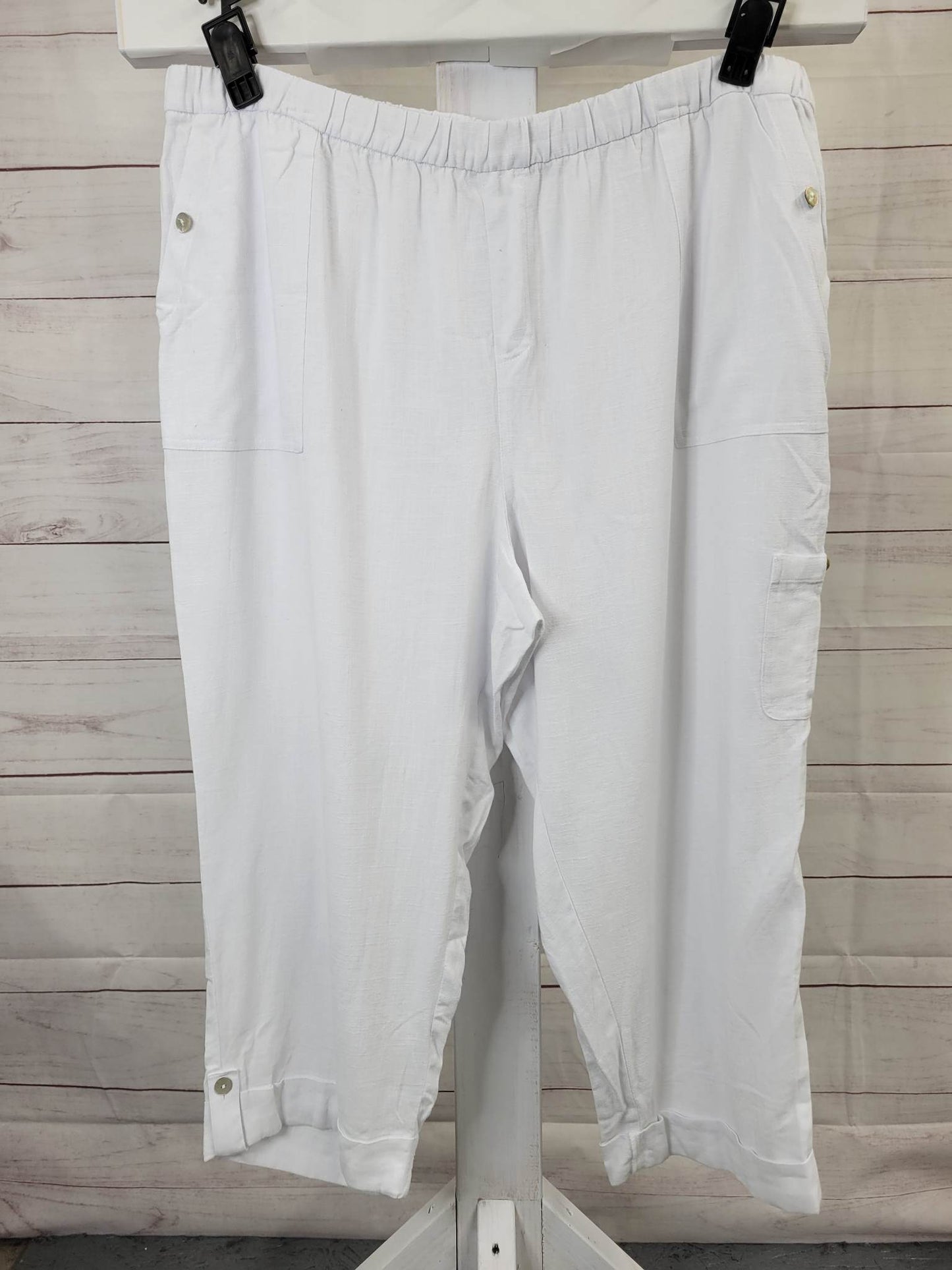 2X WHITE A397803 Susan Graver Regular Linen Blend Utility Crop Pants