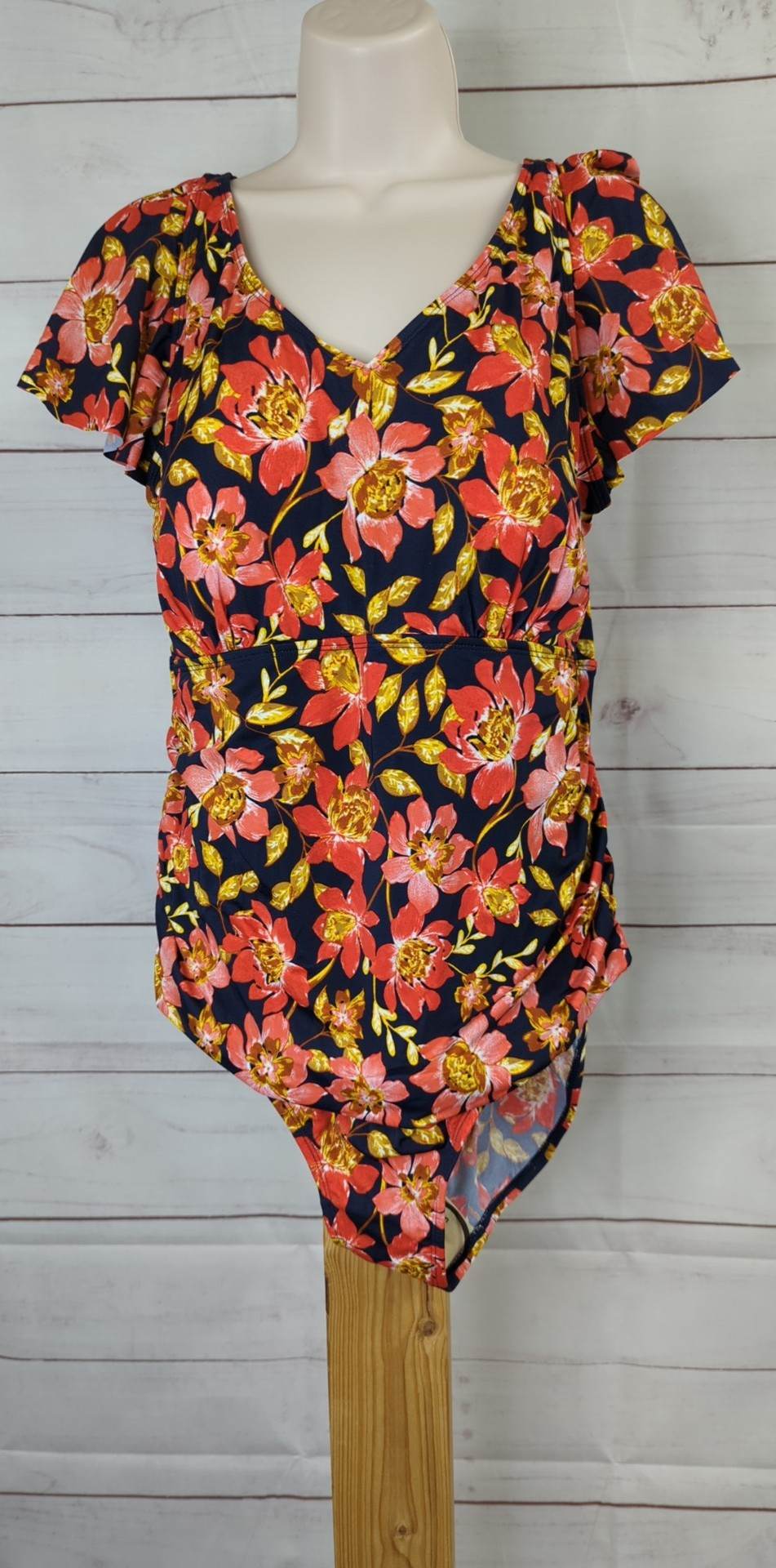14 NAVY FLORAL A473543 Denim & Co. Beach V-Neck Ruffle Sleeve One-Piece Swimsuit