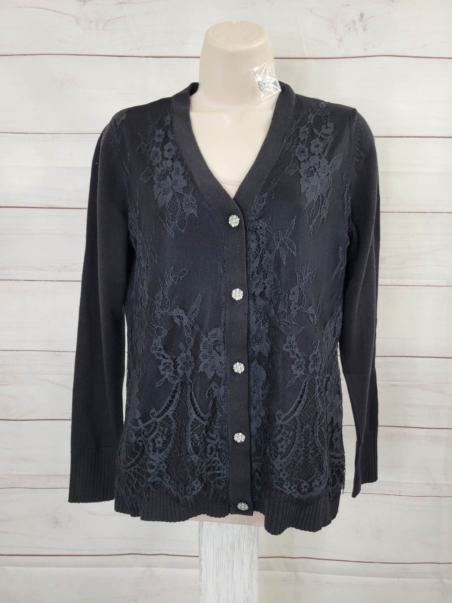 XXSMALL BLACK A557883 Isaac Mizrahi Live! Novelty Lace Overlay Sweater Cardigan