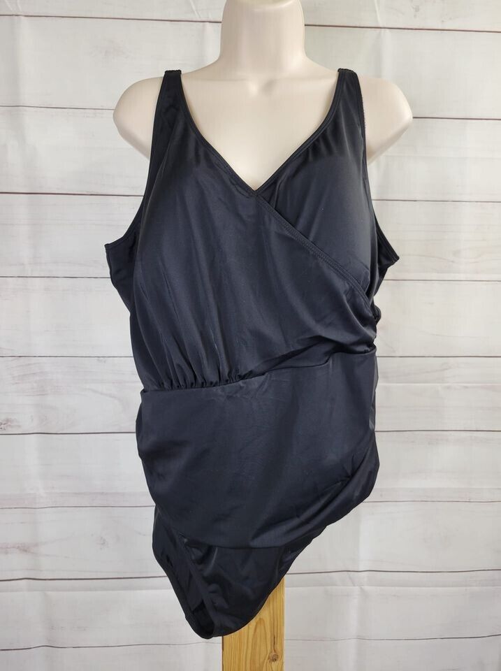 22W BLACK A392810 Denim & Co. Beach Surplice One-Piece with Ruching