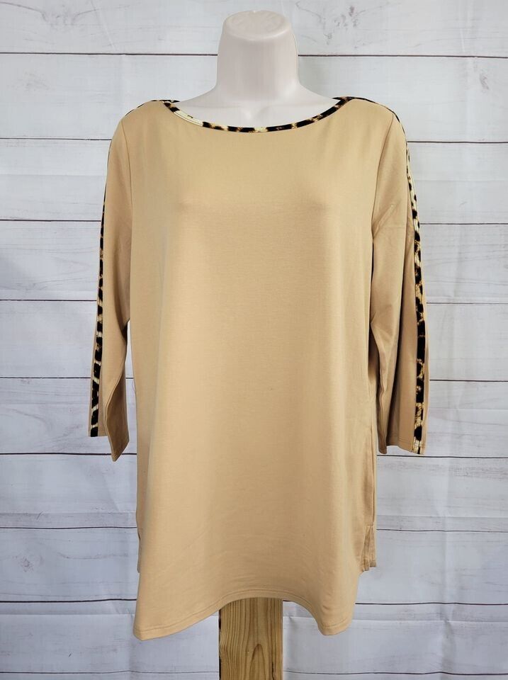 XXSMALL CAMEL A386460 Belle by Kim Gravel TripleLuxe Knit Animal Prnt Trimmed Top