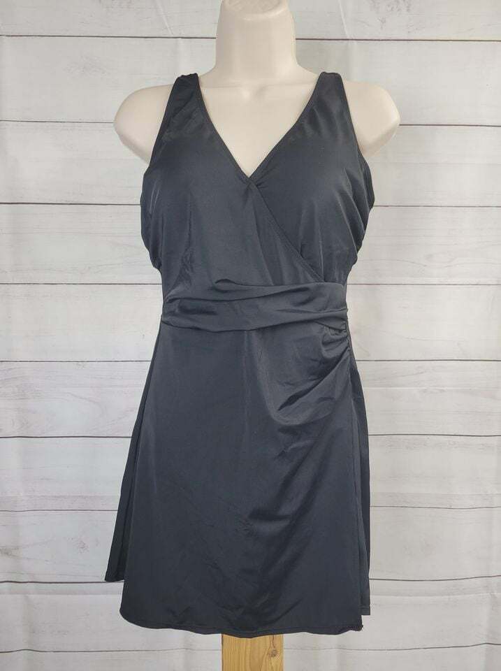 16R BLACK A392716 Denim & Co. Beach Wrap-Front Swim Dress