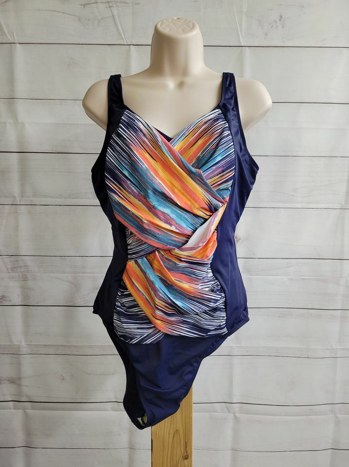 12R NAVY A375176 Denim & Co. Beach Criss Cross One Piece