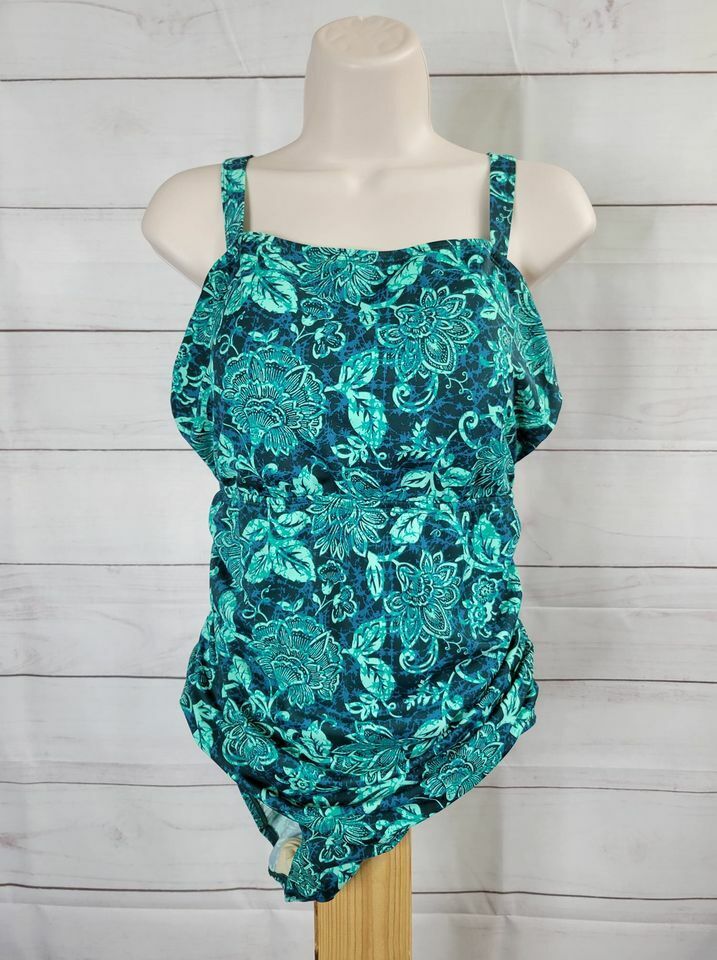 10R GREEN A392812 Denim & Co. Beach Square Neck One-Piece