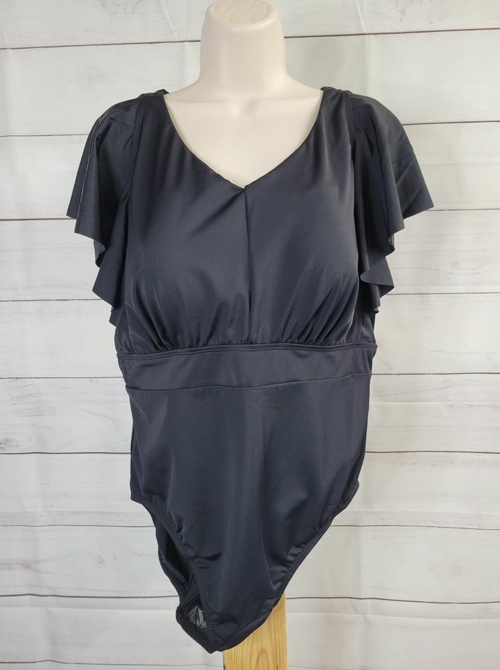 16R BLACK A375178 Denim & Co. Beach Flutter-Sleeve One-Piece Swimsuit