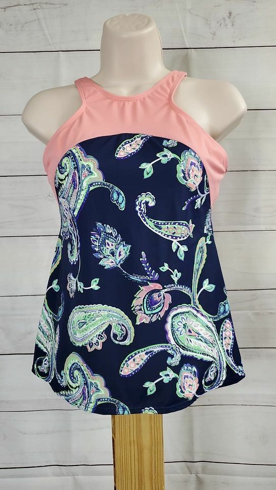6R NAVY A375177 Denim & Co. Beach Paisley Tankini