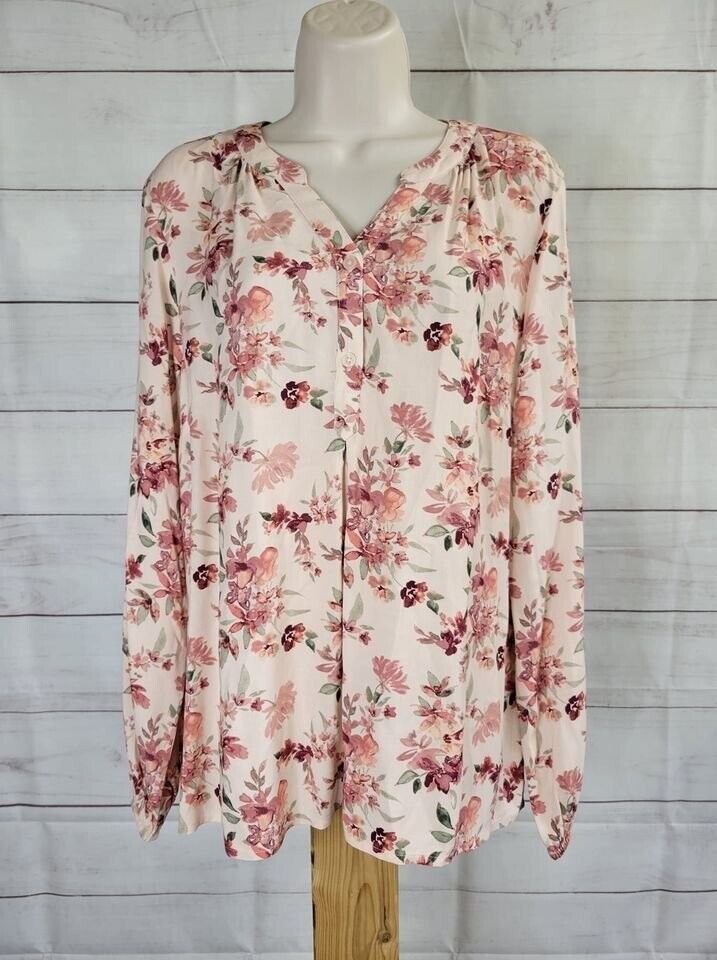 XXSMALL PINK FLORAL A392138 Denim & Co. Printed V-Neck Long-Sleeve Blouse