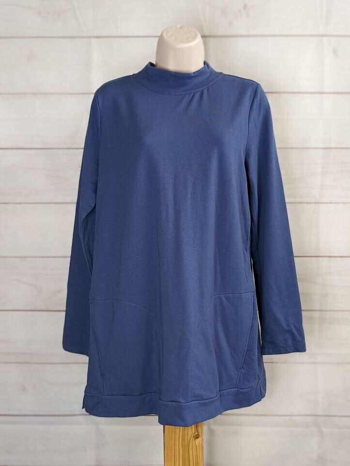 XXSM INDIGO A463292 Denim & Co. Active Regular French Terry Mini Mock Neck Tunic