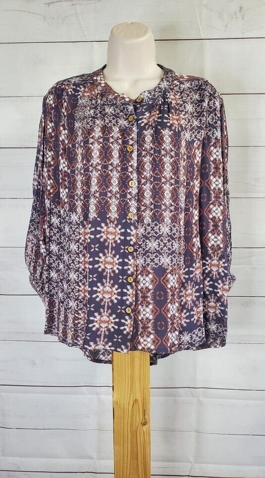 XXSMALL TAUPE A382633 Tolani Collection Button-Front Crinkle Gauze Printed Top