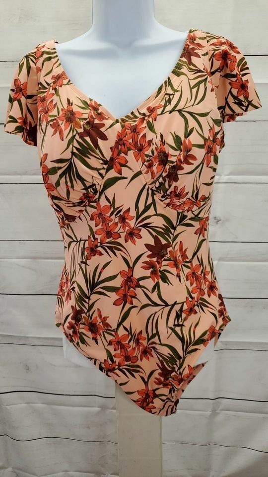 10R PEACH A392811 Denim & Co. Beach Draped Ruffle Sleece One-Piece