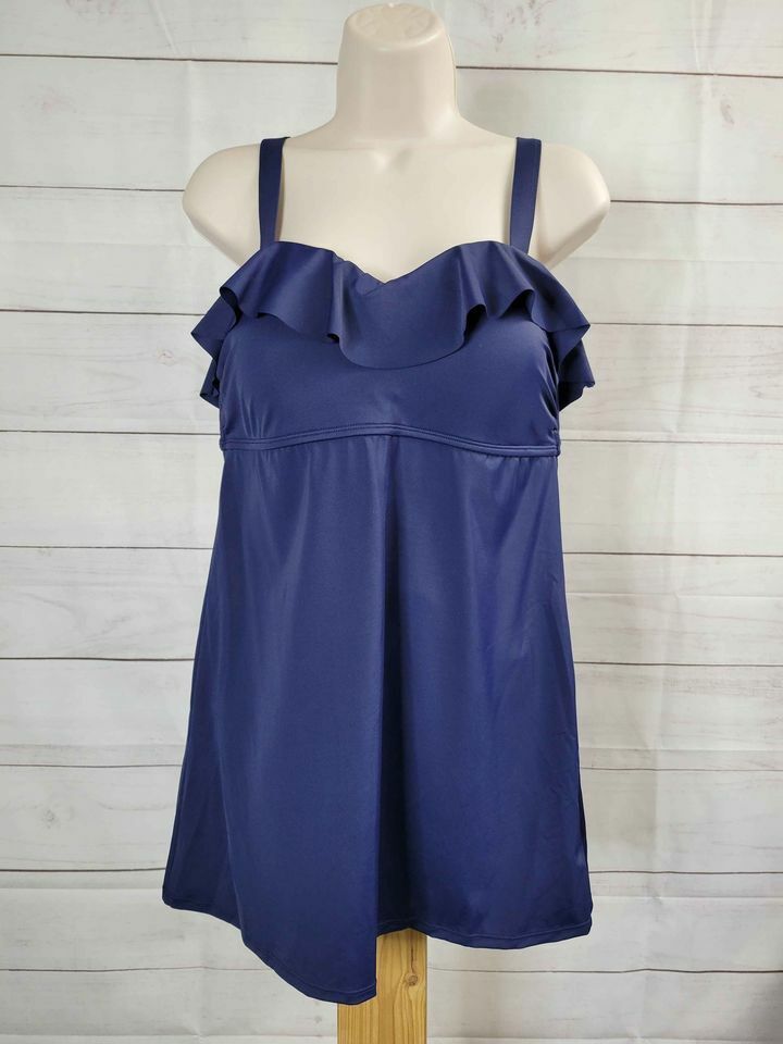 10R NAVY A392823 Denim & Co. Beach Ruffle Neckline Swim Dress