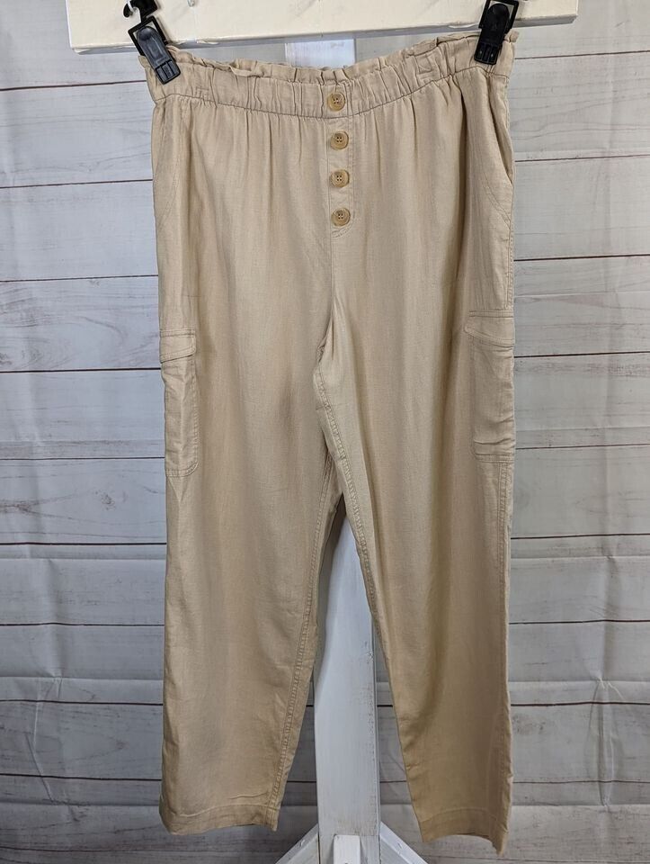 XXSMALL TAN A393758 Susan Graver Regular Linen Blend Pull-On Cargo Ankle Pants