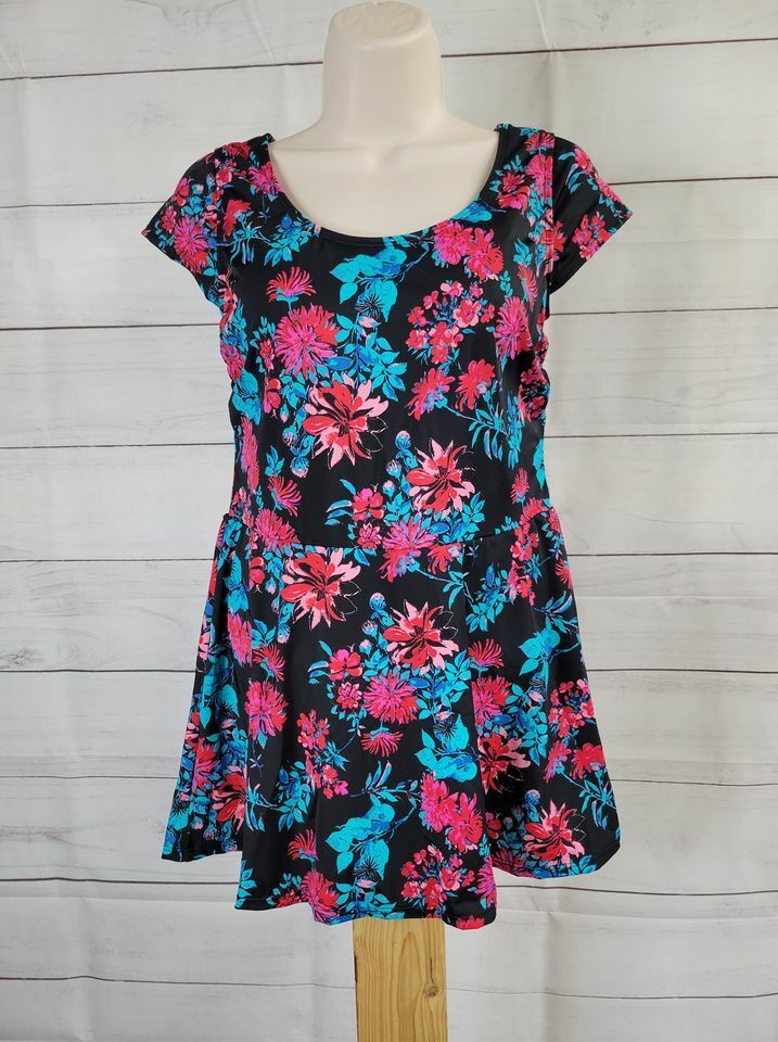6R BLACK FLORAL A375184 Denim & Co. Beach Scoop Neck Cap Sleeve Swim Dress