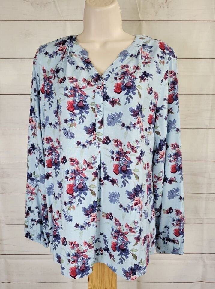 XXSMALL BLUE FLORAL A392138 Denim & Co. Printed V-Neck Long-Sleeve Blouse