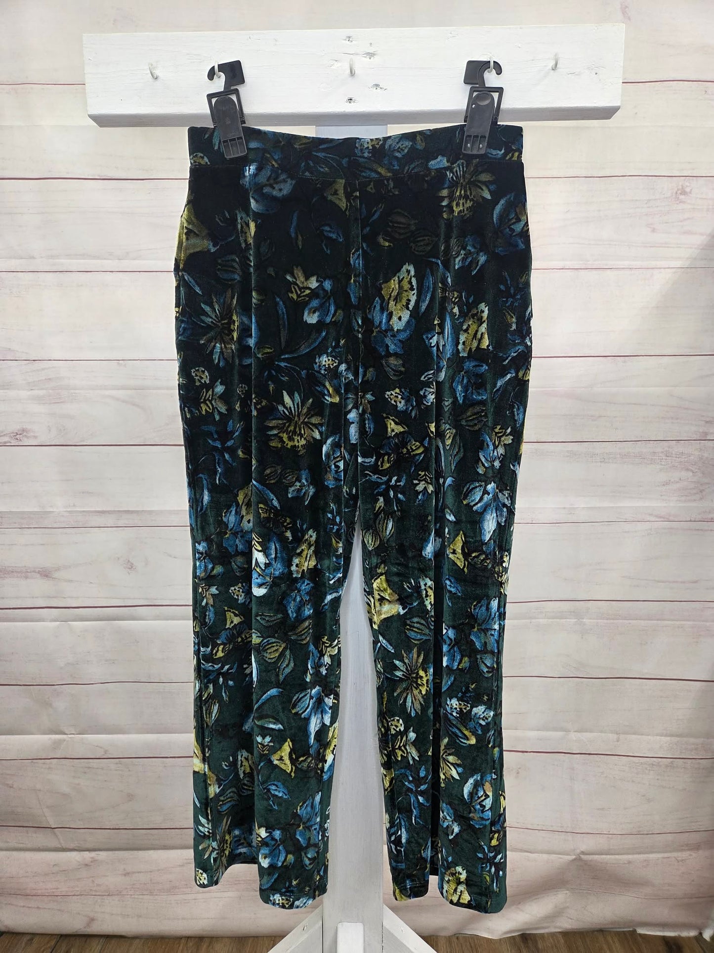 P. SMALL JADE/PINE A706742 Susan Graver Petite Printed Stretch Velvet Pull-On Wide Leg Pants
