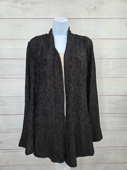 MEDIUM BLACK A706723 Susan Graver Regular Foiled Textured Knit Open Front Cardigan