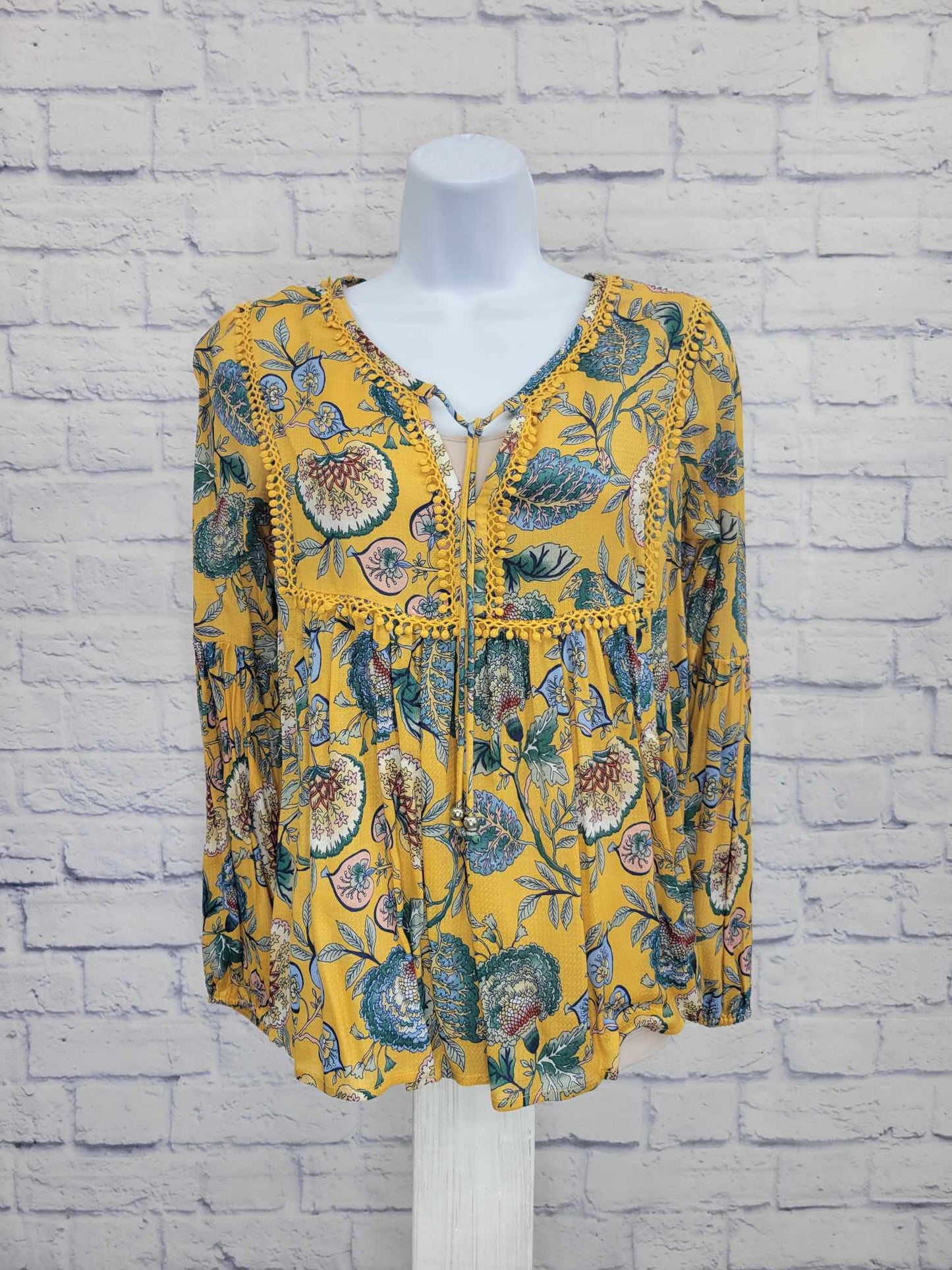 XSMALL SUNFLOWER A370019 Haute Hippie Tribe 'Avery' Peasant Blouse with Tie Neck