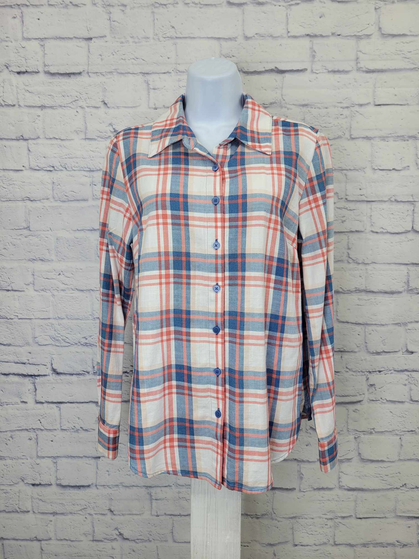 XXSMALL BLUE A396001 Denim & Co. Plaid Button-Front Long-Sleeve Shirt