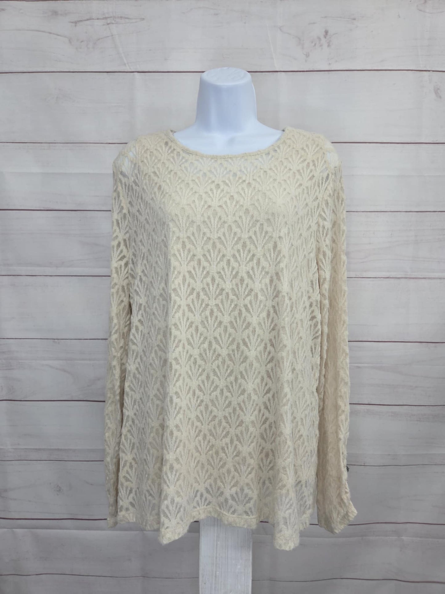 LARGE IVORY A706715 Susan Graver Knit Lace Crew Neck Long-Sleeve Top