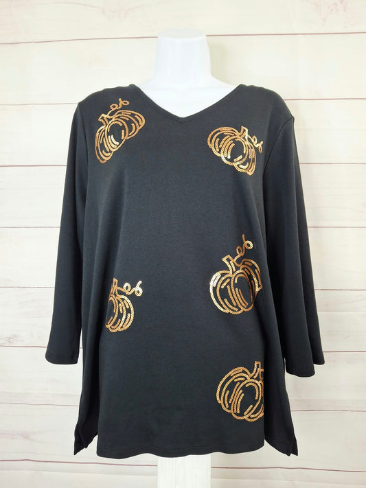 LARGE BLACK A700179 Quacker Factory Cute As A Pumpkin V-Neckline 3/4 Sleeve Top
