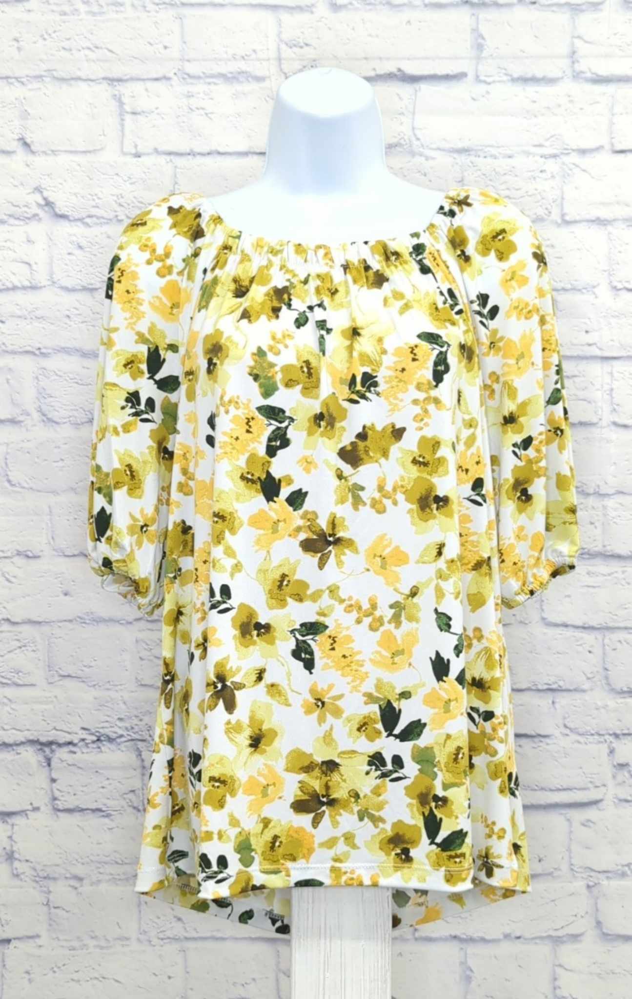 SMALL CITRON A602015 Susan Graver Printed Liquid Knit Square-Neck Peasant Top