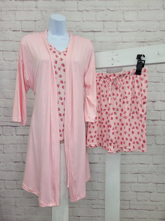 XSMALL PINK/STRAWBERRIES A632314 MUK LUKS Cloud Knit Tank, Shorts, & Wrap Sleep Set