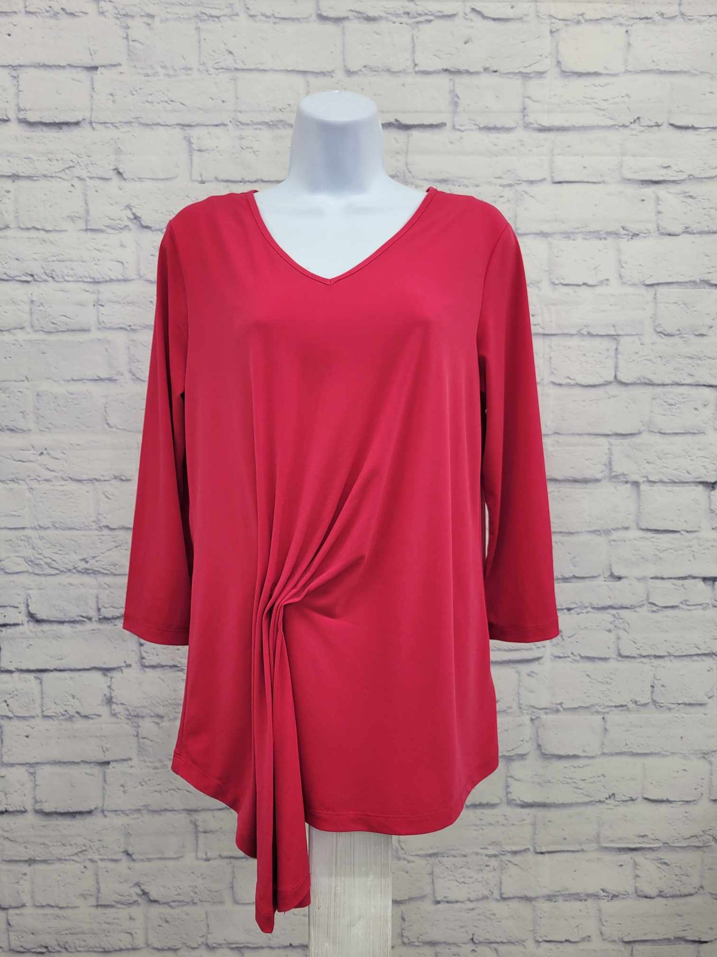 SMALL HIBISCUS PINK A373706 Susan Graver Liquid Knit VNeck Top with Side Drape Detail