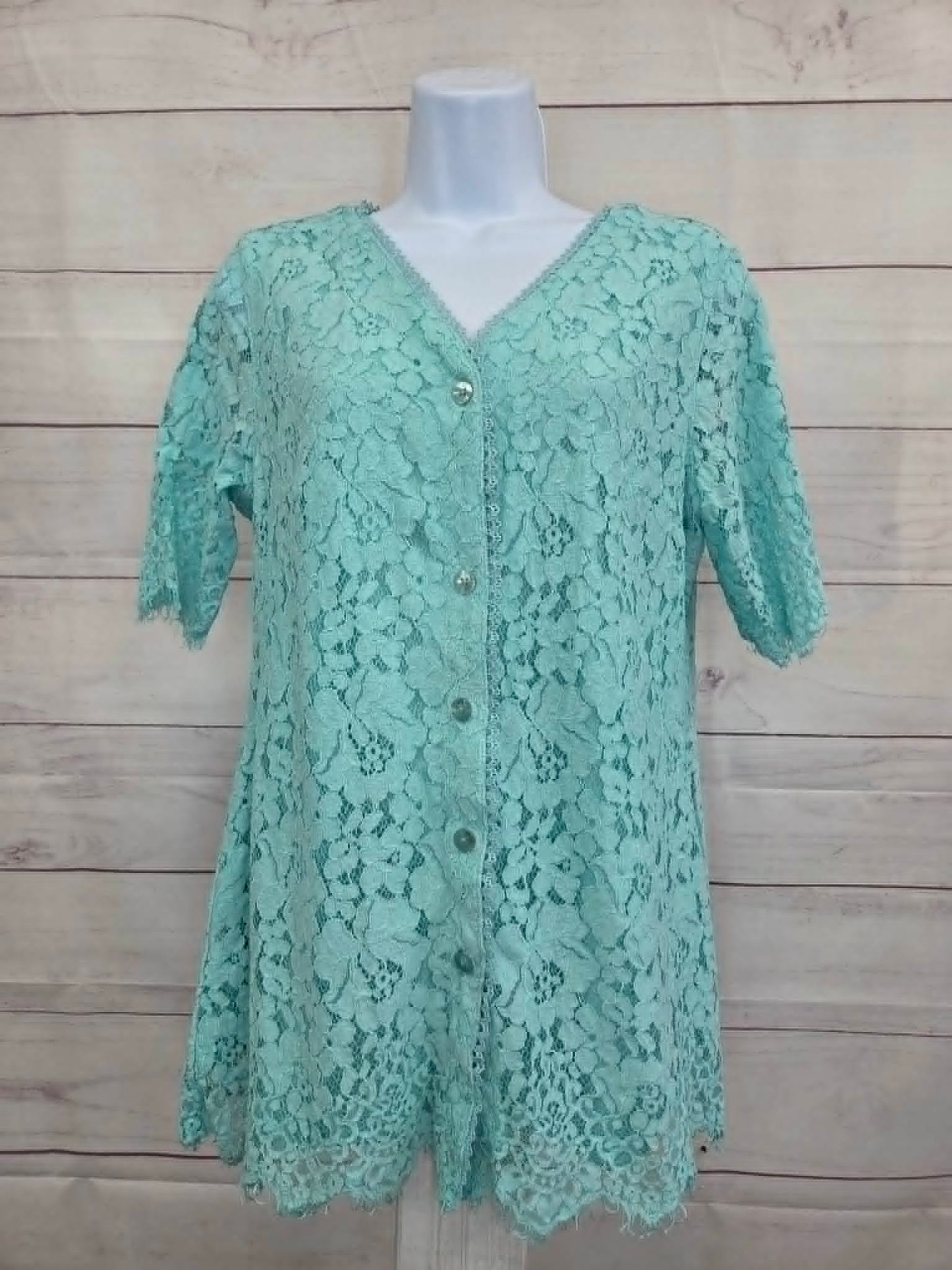 MEDIUM AQUA A392615 Isaac Mizrahi Live! Knit Lace Button-Front Top