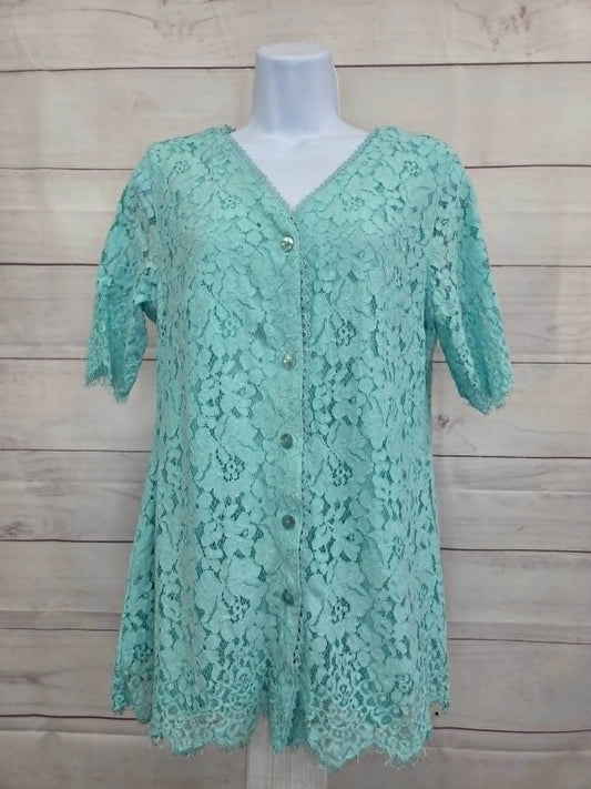 MEDIUM AQUA A392615 Isaac Mizrahi Live! Knit Lace Button-Front Top